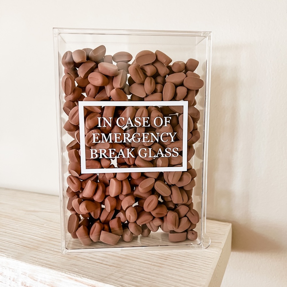 Coffee Beans in Clear Display Case In Case of EMERGENCY Break Glass Coffee Bar